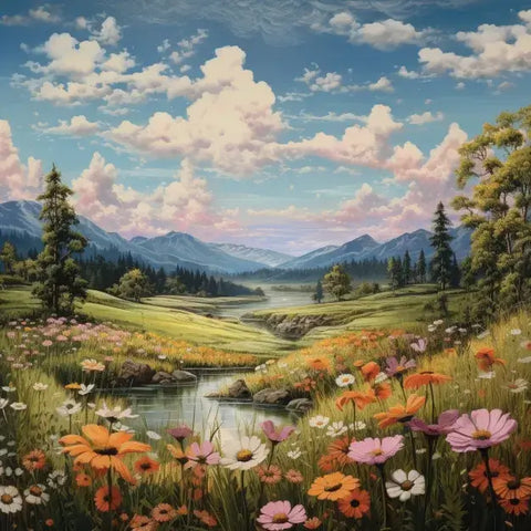 Image of Diamond painting of a colorful spring landscape with a river flowing through a meadow filled with flowers.