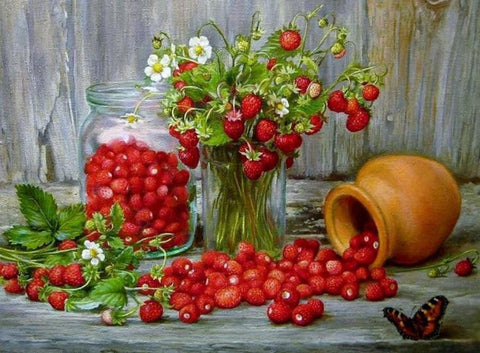 Image of Diamond painting of strawberries in jars and a vase.