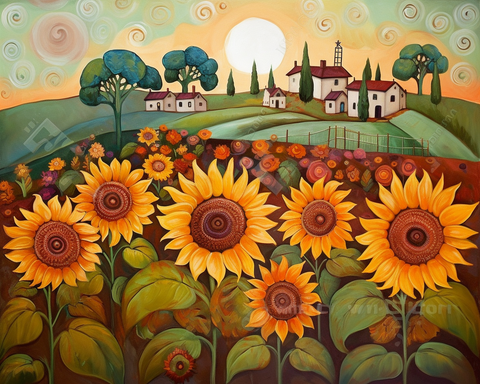 Image of diamond painting of a sunflower field with a village in the background