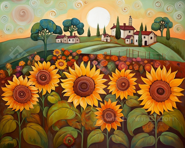 diamond painting of a sunflower field with a village in the background