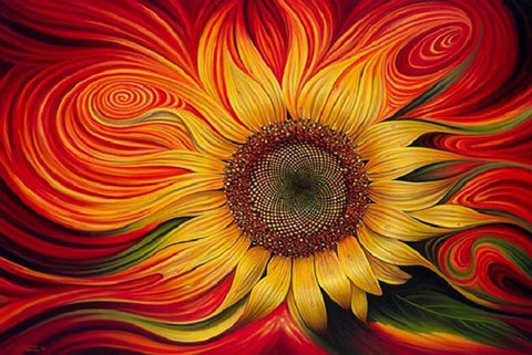 Image of Diamond painting of a sunflower with golden yellow petals and a brown center against a red background.