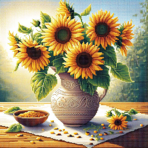 Image of Diamond painting of a vase filled with sunflowers.