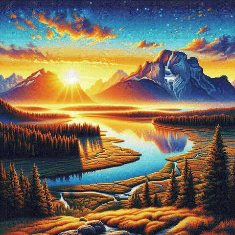 Image of Diamond painting of sunset view with river, mountains and trees.