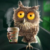 Diamond painting of a surprised owl holding a coffee cup.