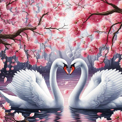 Image of diamond painting of two swans in love under cherry blossom trees