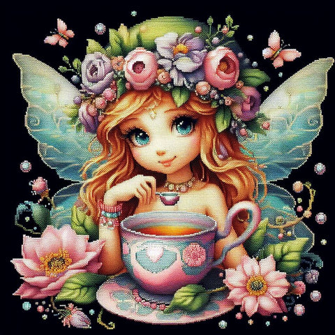 Image of diamond painting of a beautiful tea fairy enjoying a cup of tea