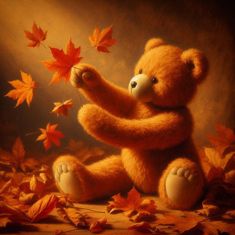 Image of Diamond Painting of a Teddy Bear Holding Fall Leaf