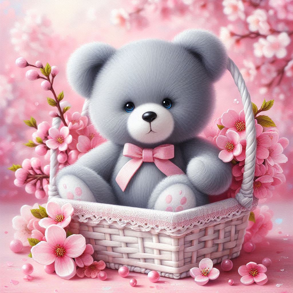 Diamond Painting: Teddy Bear with Pink Flowers in Basket
