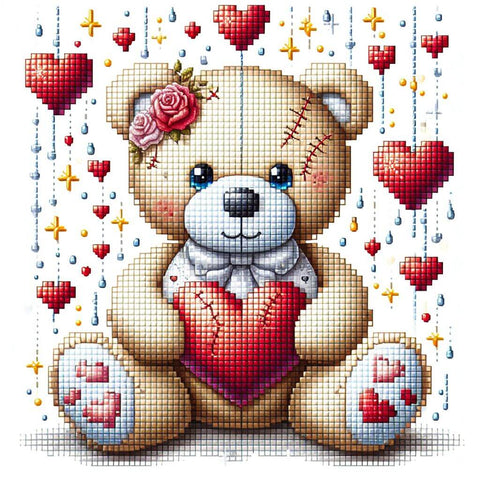 Image of Diamond painting of a teddy bear holding a heart with red hearts raining down.