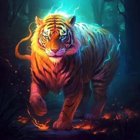 Image of Diamond painting of a majestic tiger with a powerful stance and stripes walking through a lush green forest.