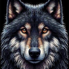 Sparkling diamond painting depicting a tough-looking black wolf.