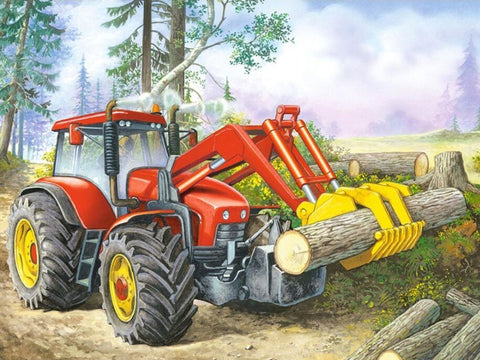 Image of diamond painting of a red tractor lifting logs in a forest