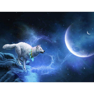 Diamond painting of a wolf against a full moon