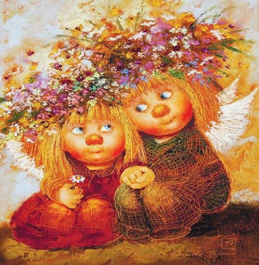 diamond painting of two angels wearing flower crowns