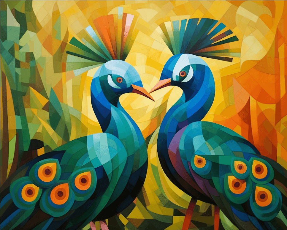 Diamond painting of two colorful peacocks facing each other.