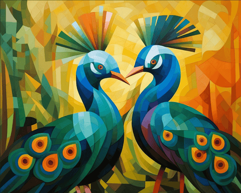 Image of Diamond painting of two colorful peacocks facing each other.