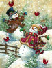 Diamond painting of two cheerful snowmen wearing winter hats and scarves, standing together and facing each other.