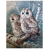 Diamond painting of two snowy owls on a snow-covered branch