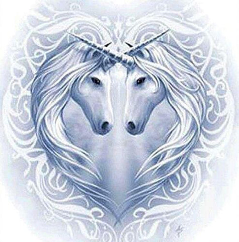 Image of Diamond painting: Two unicorns standing in a heart shape, gazing into each other's eyes. 