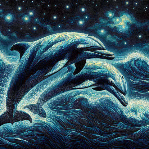 Image of Diamond painting of two realistic dolphins swimming together in a clear blue ocean.