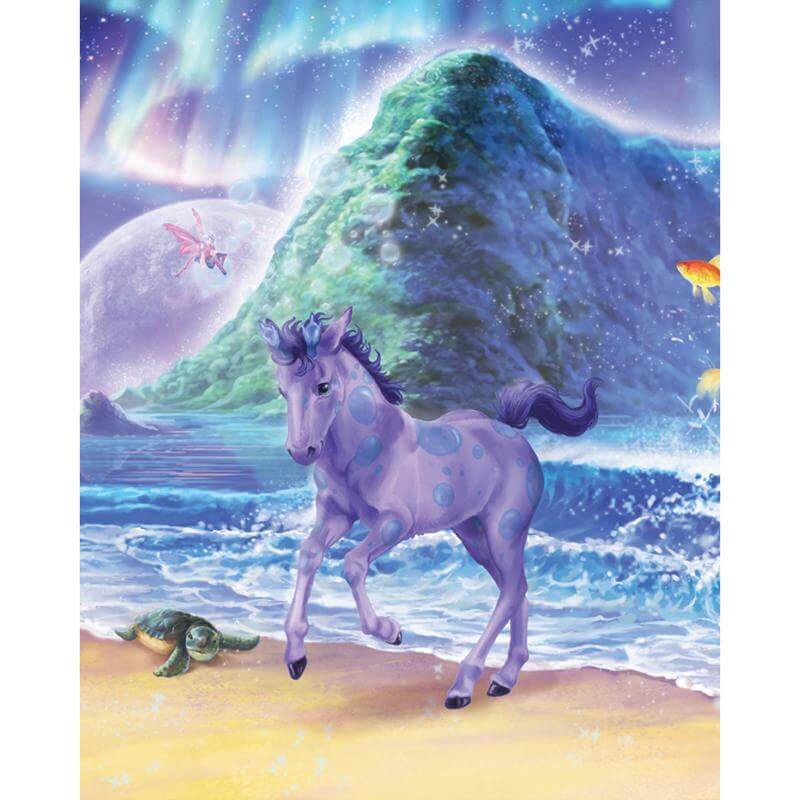 Diamond painting: Mythical unicorn frolicking on a beach with a sea turtle.