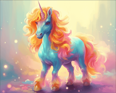 This diamond painting kit features a magical unicorn with a flowing mane and tail in vibrant colors.