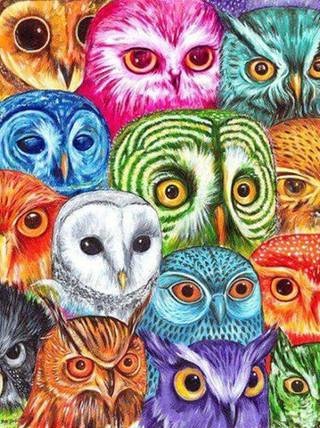 Image of Diamond painting featuring a variety of colorful owls with different expressions