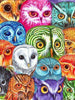 Diamond painting featuring a variety of colorful owls with different expressions