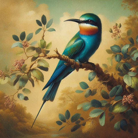 Image of diamond painting of a Vibrant Blue Bee Eater perched on a branch