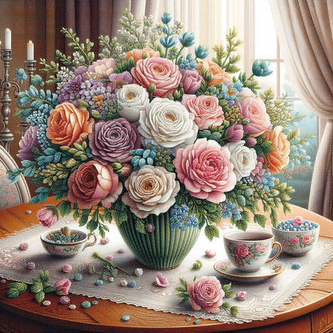 Image of Diamond painting of a vibrant bouquet of colorful flowers in a vase on a table.