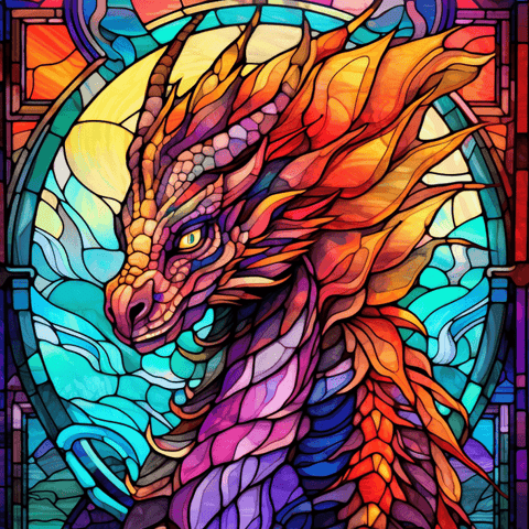 Image of Diamond painting of a vibrant stained glass window featuring a majestic dragon.