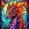Diamond painting of a vibrant stained glass window featuring a majestic dragon.