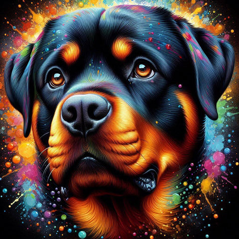 Image of diamond painting of a Vibrant portrait of a Rottweiler