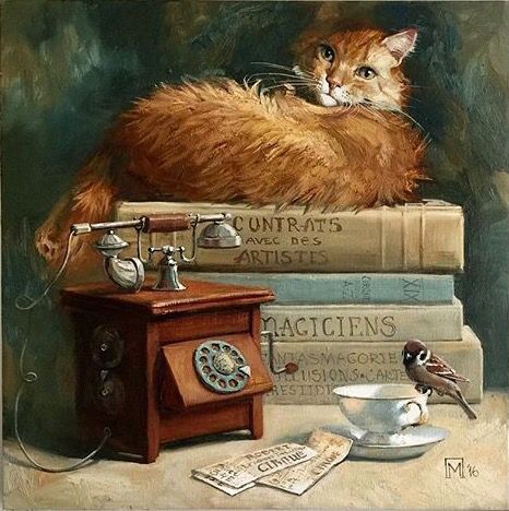 Image of diamond painting of a ginger cat on a stack of books with a vintage phone