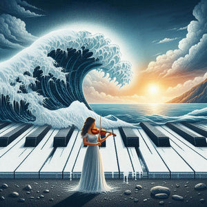 Diamond painting of a woman playing violin with a huge piano and ocean wave on the background.