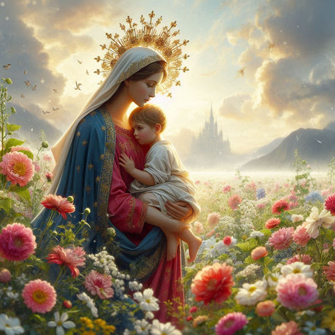 Image of Diamond painting depicting the Virgin Mary holding the Christ child, surrounded by beautiful flowers.