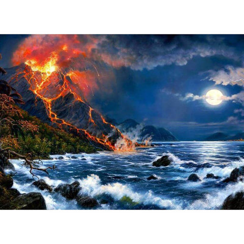 Image of Diamond Painting: Volcanic Eruption Seascape with Full Moon