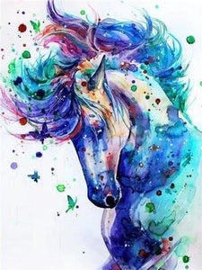 Diamond painting with a watercolor style of a close-up horse portrait, with a flowing mane.