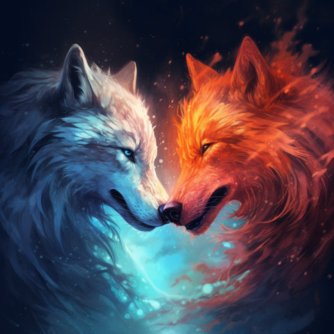 Image of Diamond art depicting two wolves facing each other, one white and one red.