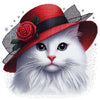 Diamond painting of a white cat wearing a red hat with a flower.