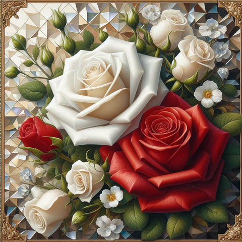 Image of Diamond painting of a bouquet of white and red roses.