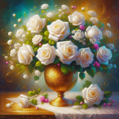 Image of Diamond Painting: Elegant White Roses Arrangement in Ornate Gold Vase