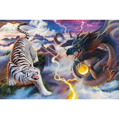 Image of Diamond painting depicting a fierce white tiger battling a powerful dragon.