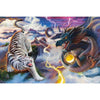 Diamond painting depicting a fierce white tiger battling a powerful dragon.