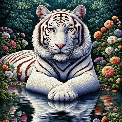 Image of Diamond painting of a serene white tiger resting by a pond, surrounded by flowers and greenery with its reflection in the water.