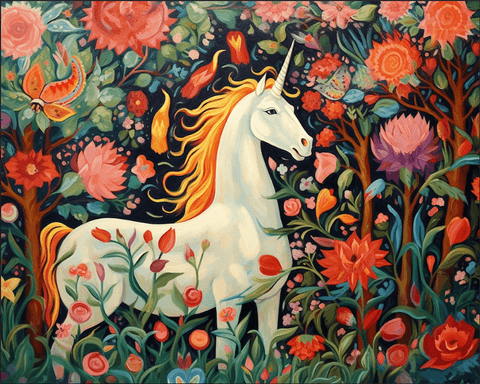 Image of Diamond painting of a white unicorn with a flowing mane and tail, surrounded by flowers. 