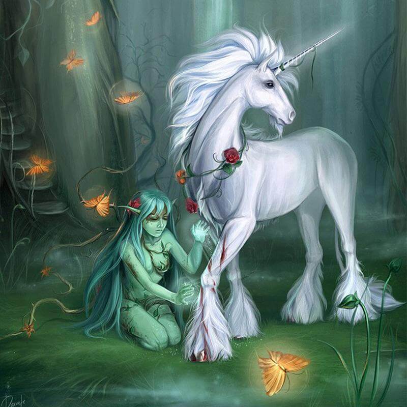 Diamond painting: White unicorn standing in a magical forest with butterflies.