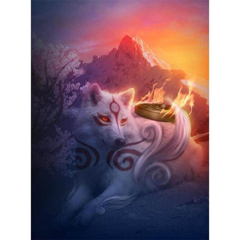 Image of Diamond painting of a white wolf with red eyes, gazing at a fiery sunset over mountains.