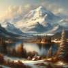 Diamond painting of a winter landscape with snow-capped mountains reflected in a still lake.