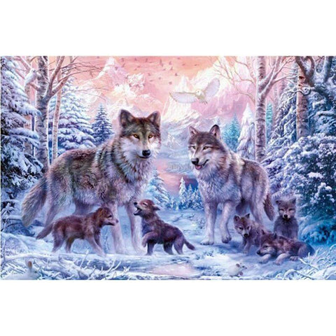 Image of A wolf family, trek together through a winter wonderland forest.
